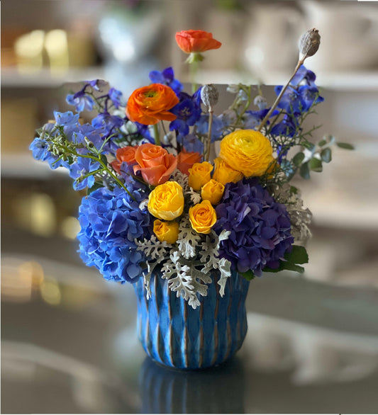 Blue orange flower vase same day flower delivery Chicago, IL