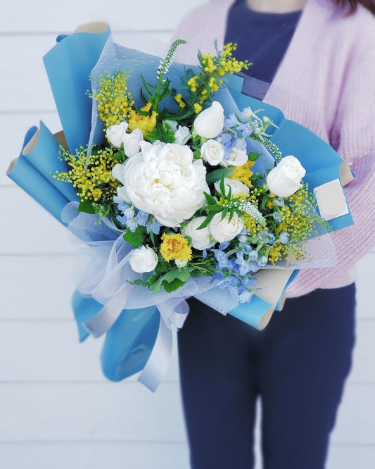 Blue white wrapped flower bouquet Same day flower delivery Chicago, IL