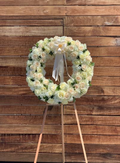 White roses all white funeral & sympathy flowers wreath standing wreath