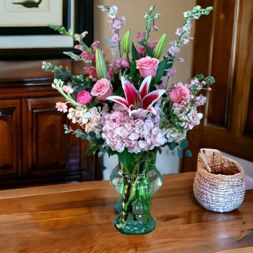 pink roses lilies vase arrangement Mothers Day Flowers in Chicago, IL