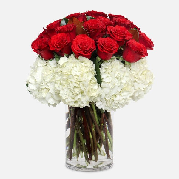 Red Roses and White Hydrangeas - www.bloomfloralshop.com