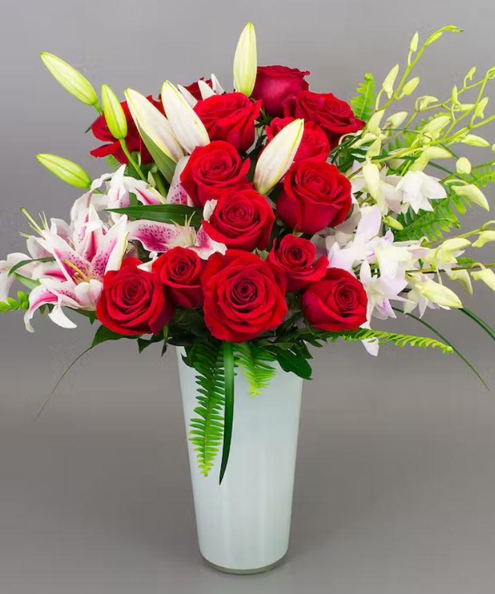 Mom's Red Roses & Lilies - www.bloomfloralshop.com